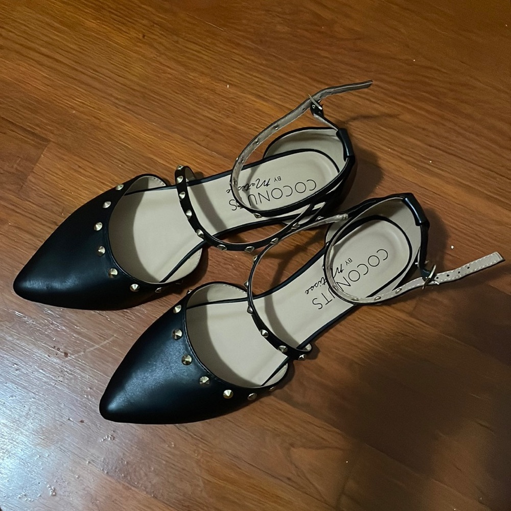 Black ankle strap studded flats